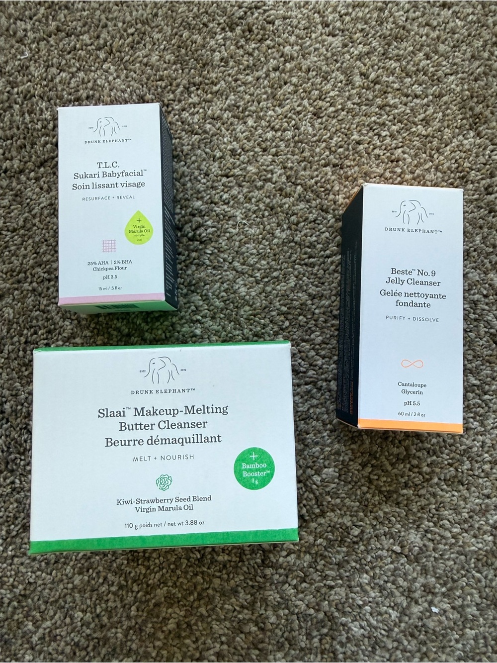 BRAND NEW Drunk Elephant makeup balm+ powder, cleanser, and face mask/oil trio